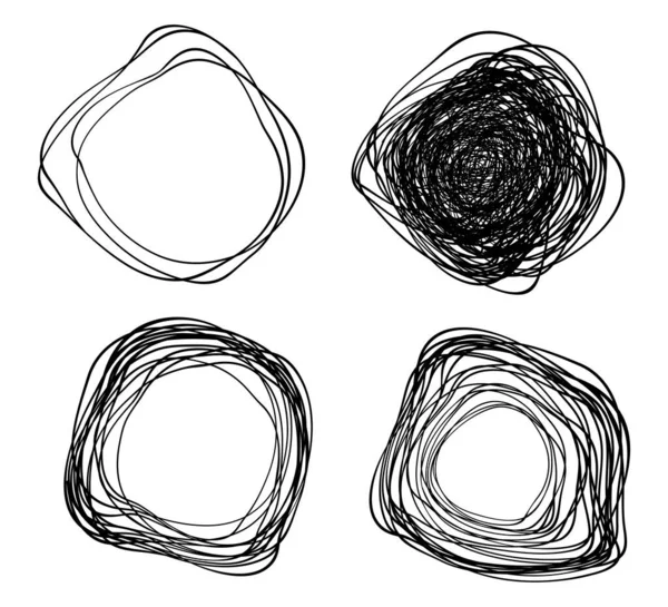 Conjunto de vetor desenhado à mão círculos distorcidos usando esboço desenho rabiscar distorcer linhas de círculo. Doodle elementos de design logotipo circular. —  Vetores de Stock
