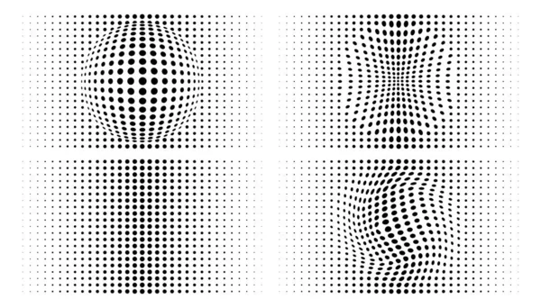 Ensemble de demi-tons convexe tordu dégradé cercle points arrière-plans. Modèles de gonflement déformés horizontaux à l'aide d'un motif de points demi-tons. Illustration vectorielle — Image vectorielle