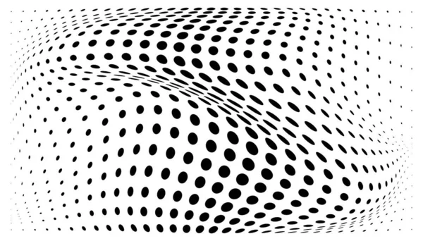 Halftone convexo distorsionado gradiente círculo puntos fondo. Horizontal distorsionar plantilla abultada utilizando patrón de puntos de medio tono. Ilustración vectorial. — Vector de stock