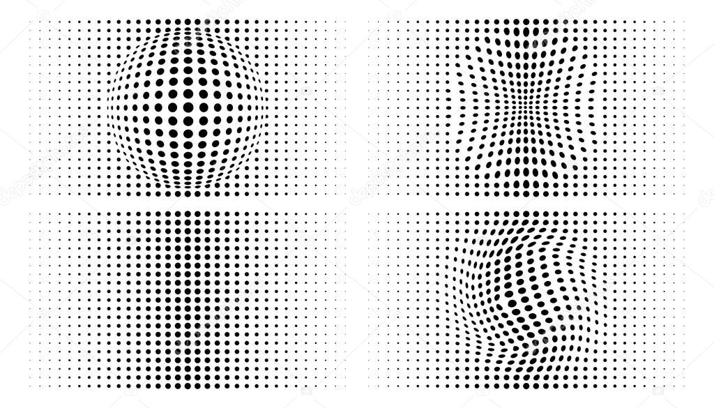 Set of halftone convex distorted gradient circle dots backgrounds. Horizontal distort bulging templates using halftone dots pattern. Vector illustration