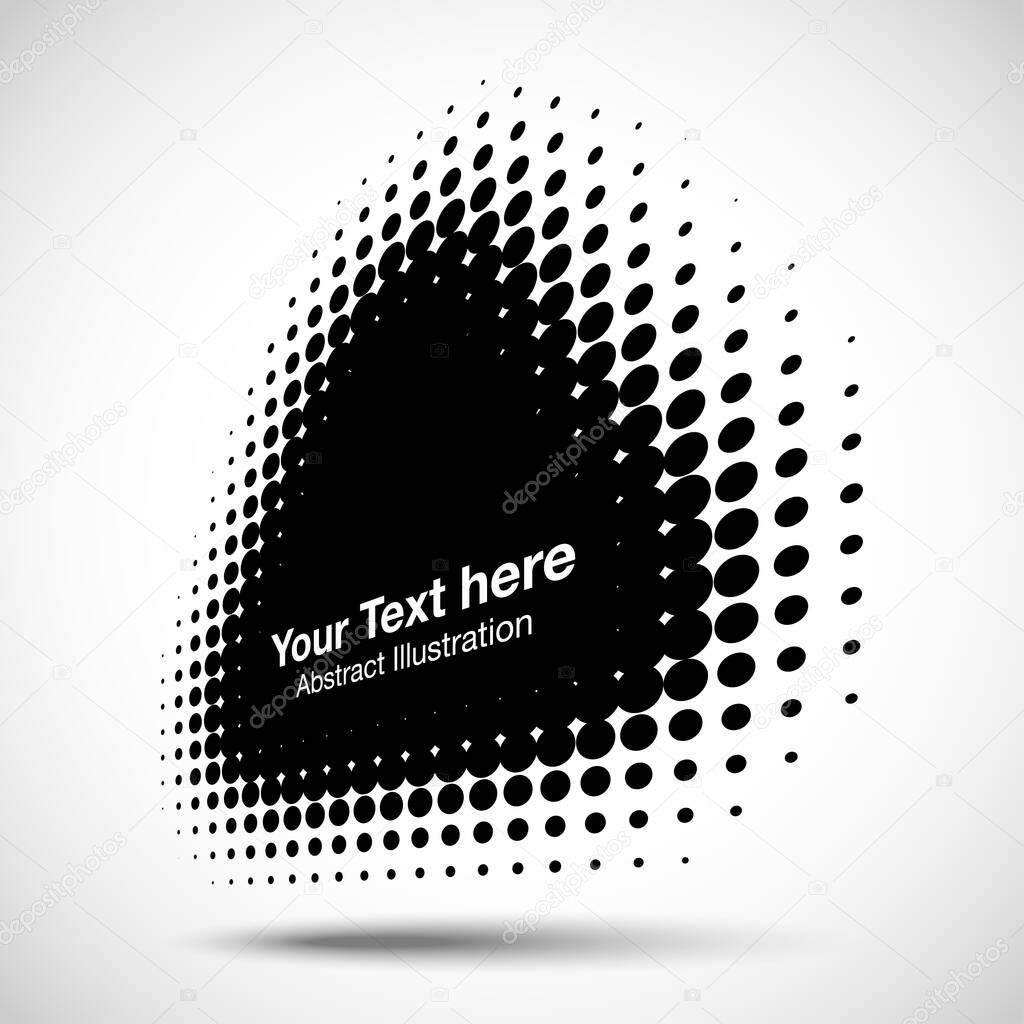 Halftone triangle perspective frame abstract dots logo emblem design element for technology, medical, treatment, cosmetic. Triangle border Icon using halftone circle dots raster texture. Vector.