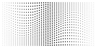 Yarım ton dışbükey eğimli çember noktaları arkaplanı bozar. Yatay çarpıtma şablonu yarım ton nokta deseni kullanıyor. Vektör illüstrasyonu.