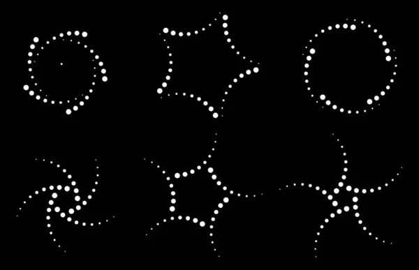 Conjunto de marcos punteados circulares de medio tono. El círculo blanco puntos iconos en el fondo negro. Elemento de diseño de logotipo para tratamiento, cosmética, tecnología. Emblemas usando textura de puntos de círculo de medio tono. Vector . — Archivo Imágenes Vectoriales