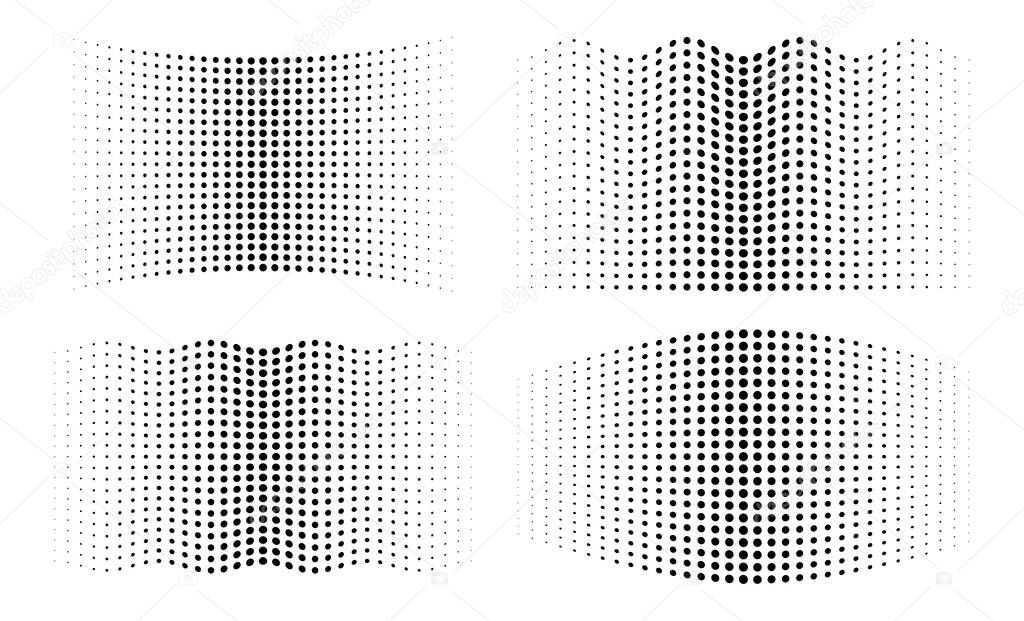 Halftone wavy distorted gradient circle dots backgrounds set. Horizontal distort waved templates using halftone dots pattern. Vector illustration.