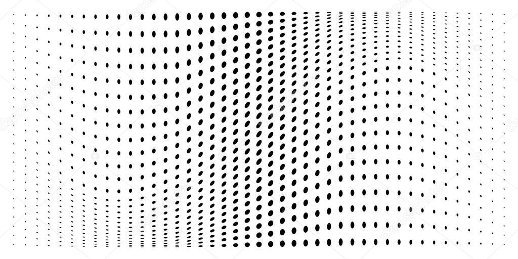 Halftone convex distorted gradient circle dots background. Horizontal distort bulging template using halftone dots pattern. Vector illustration.