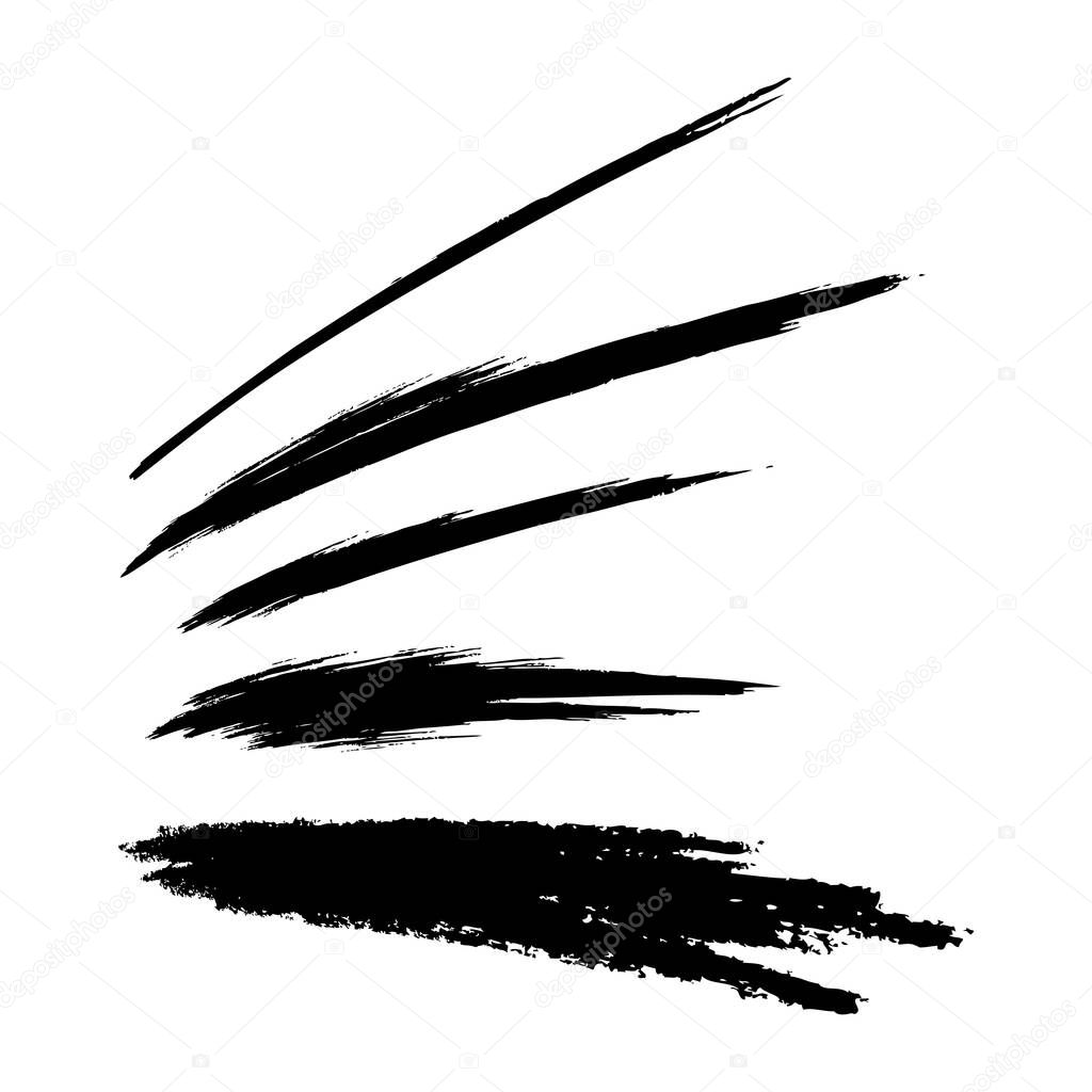 Set of hand drawn grunge oblique brush strokes in perspective. Paintbrush flying smears. Black watercolor lines. Scribble sketch banners. Vector illustration