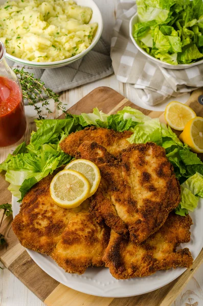 Delicious schnitzel with salad — Stock Photo, Image