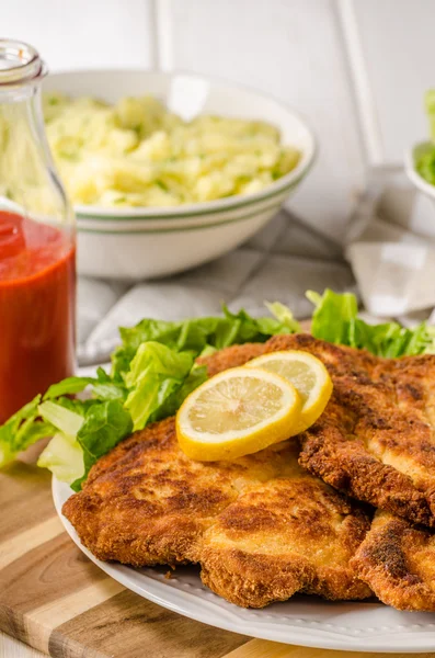 Delicious schnitzel with salad — Stock Photo, Image