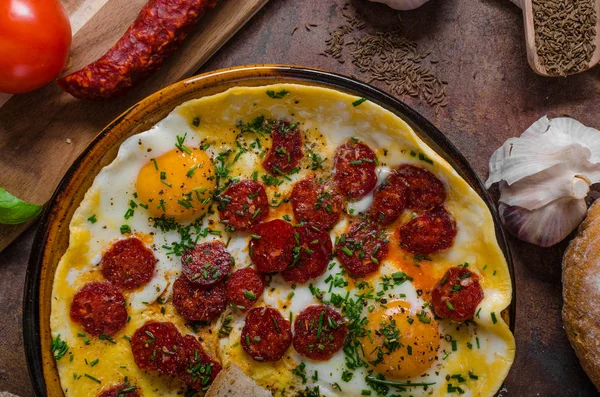 Omelette with chorizo and herbs — Stock Photo, Image