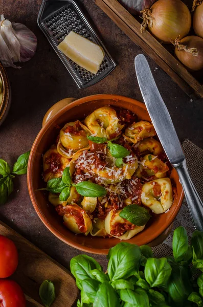 Tortellini caseiro com molho de tomate — Fotografia de Stock