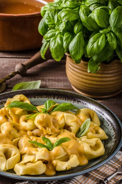 Tortellini with cheese sauce — Stock Photo, Image