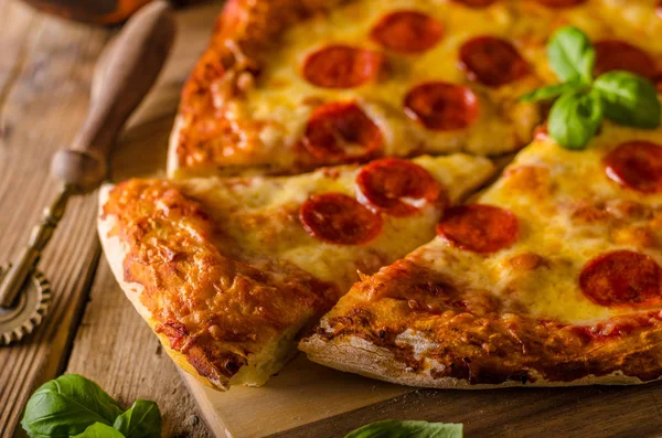 Domowej roboty pizza z serem salami — Zdjęcie stockowe
