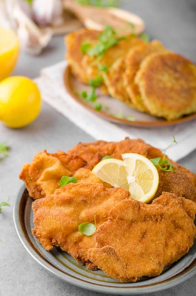 Läckra ursprungliga schnitzel med potatispannkakor — Stockfoto