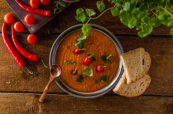 Delikate Tomatensuppe mit Brot und Chili — Stockfoto