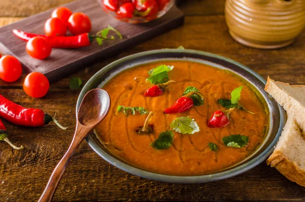 Délicieuse soupe de tomates au pain et au piment — Photo