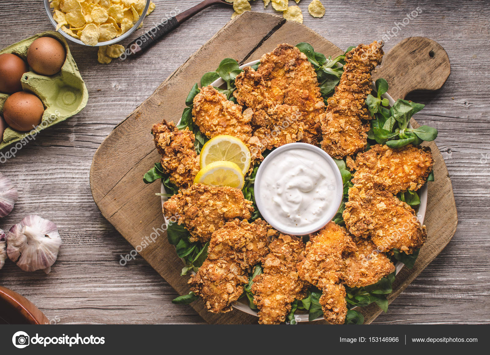 Chicken strips with delish garlic dip — Stock Photo © Peteer #153146966