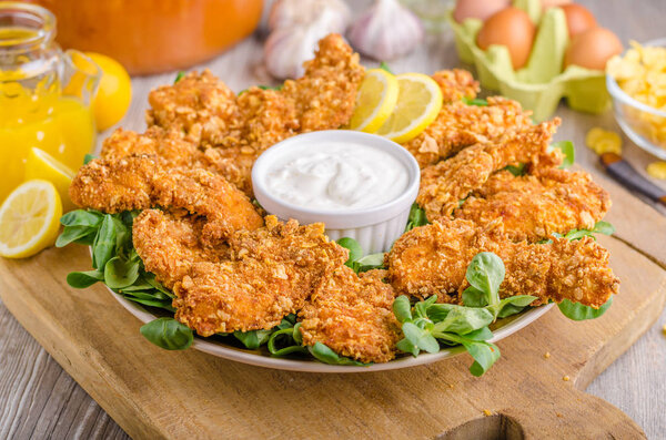 Куриные полоски с чесночным соусом
