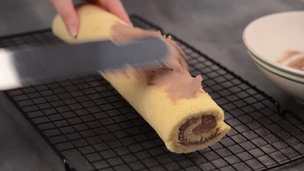 Шоколадный рулет десерт — стоковое видео