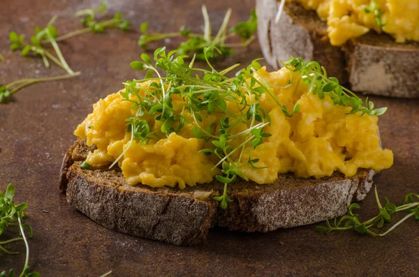 Scrambled eggs, wholegrain bread — Stock Photo, Image