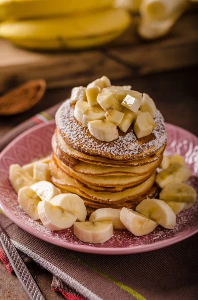 American pancakes with banana, chocolate — Stock Photo, Image