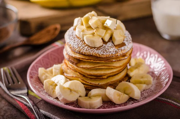 American pancakes with banana, chocolate — Stock Photo, Image