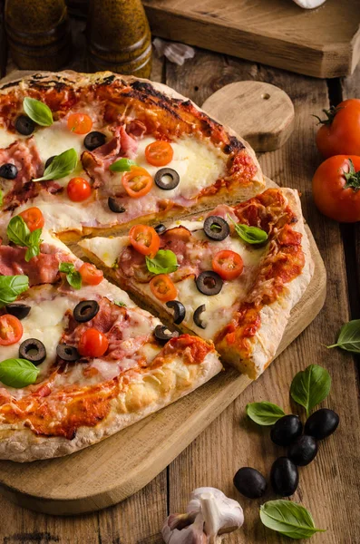 Pizza Rustic dengan tomat, keju, salami — Stok Foto