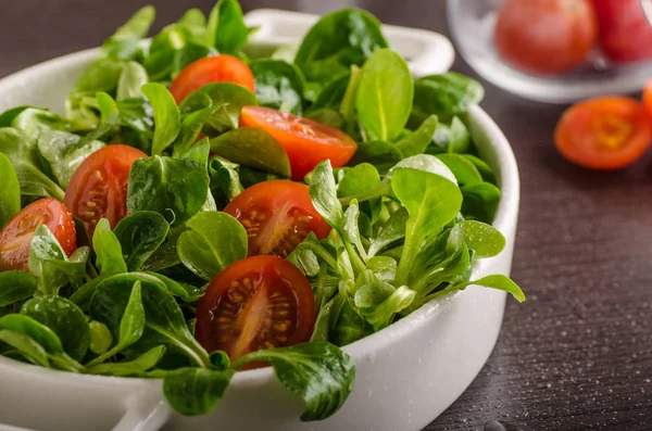 Salada de alface de cordeiro, tomates e ervas — Fotografia de Stock