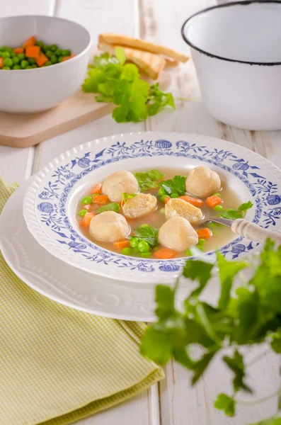 Fresh vegetable soup with chicken dumplings — Stock Photo, Image