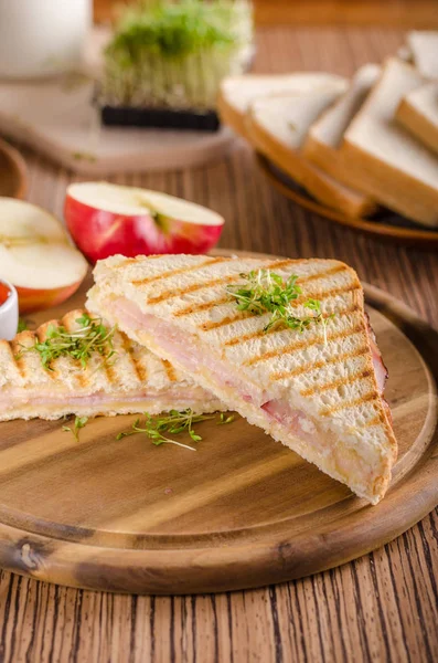 Panini cheese ham toast, fresh apple sandwitch — Stock Photo, Image