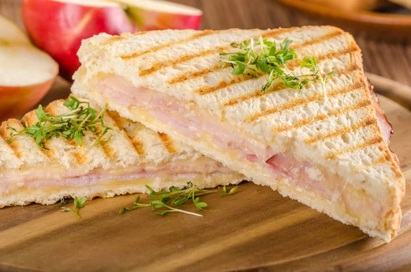 Panini cheese ham toast, fresh apple sandwitch — Stock Photo, Image