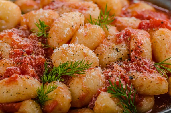 Gnocchi paradicsomos szószban gyógynövények — Stock Fotó