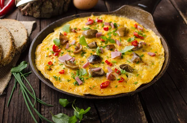 Fresh omelette, pickles mushrooms and chilli — Stock Photo, Image