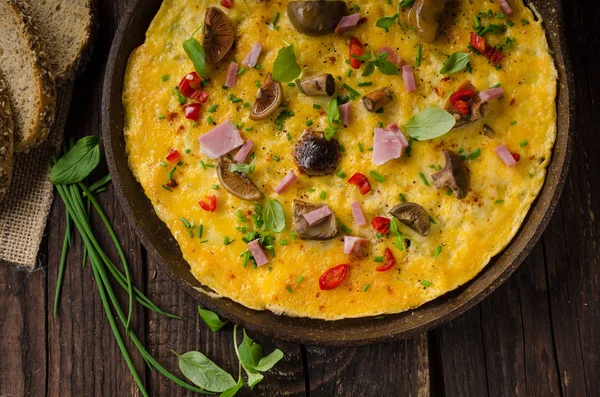 Fresh omelette, pickles mushrooms and chilli — Stock Photo, Image