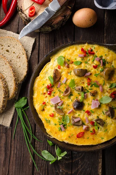 Verse omelette, pickles, champignons en Spaanse peper — Stockfoto