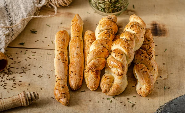 Deliciosos Palitos Salados Caseros Con Comino Sal Marina — Foto de Stock