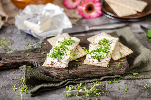 Semplice Delizioso Spuntino Con Formaggio Fresco Erbe Aromatiche — Foto Stock