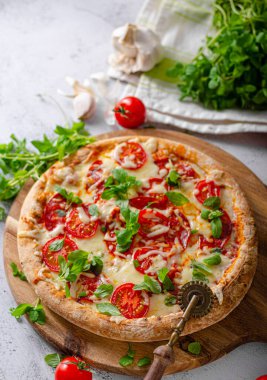 Domatesli, mozarellalı ve otlu lezzetli sade pizza.