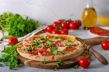 Domatesli, mozarellalı ve otlu lezzetli sade pizza.