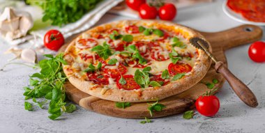 Domatesli, mozarellalı ve otlu lezzetli sade pizza.