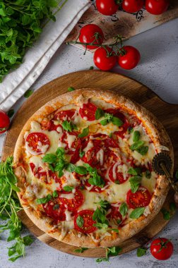 Domatesli, mozarellalı ve otlu lezzetli sade pizza.