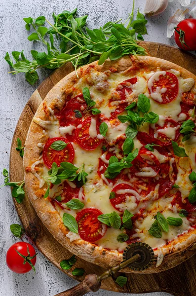 Deliciosa Pizza Simples Com Tomates Mussarela Ervas — Fotografia de Stock