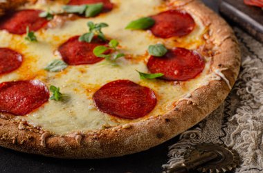 Lezzetli ve sade ev yapımı salamlı ve peynirli pizza.