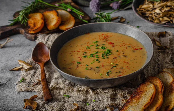 Deliciosa Sopa Setas Del Bosque Baguette Hierbas Crujientes —  Fotos de Stock
