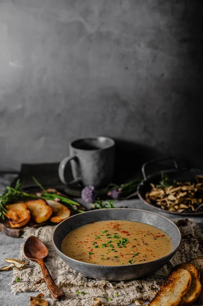 Orman mantarlarından lezzetli çorba, çıtır otlu ekmek.