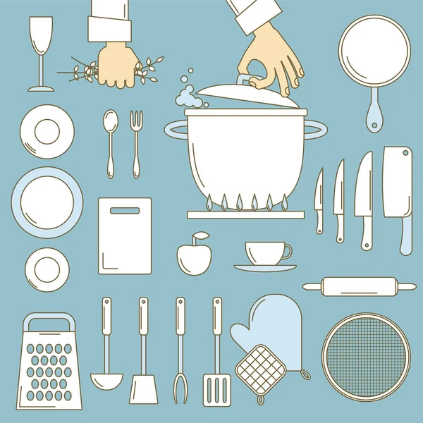 Köksredskap med kockar händer — Stock vektor
