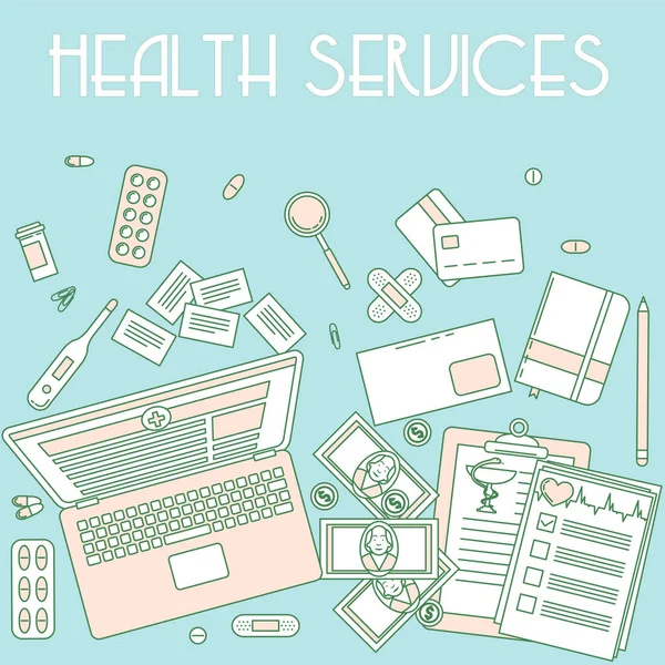 Servicios de salud, Mesa de trabajo médica — Vector de stock