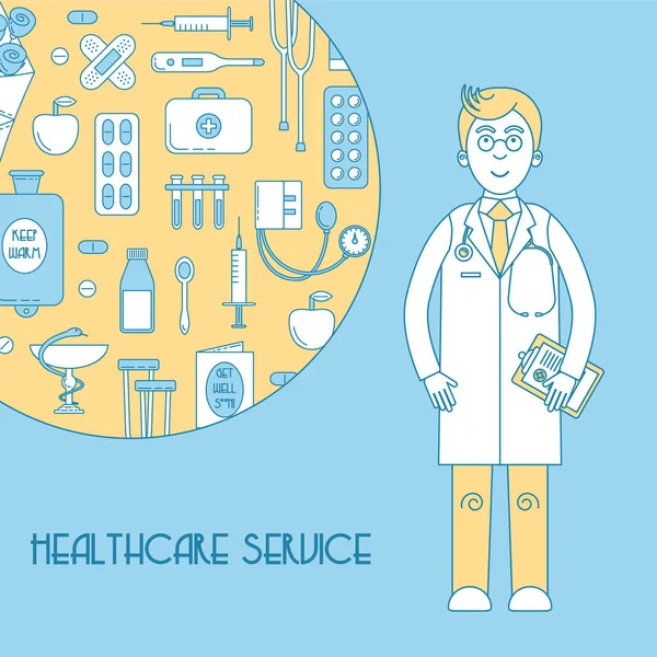Medicinsk service, hälsa linje design med läkare — Stock vektor