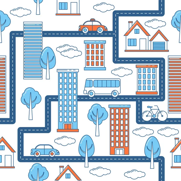 Κτίρια, οχήματα, δρόμοι μοτίβο — Διανυσματικό Αρχείο