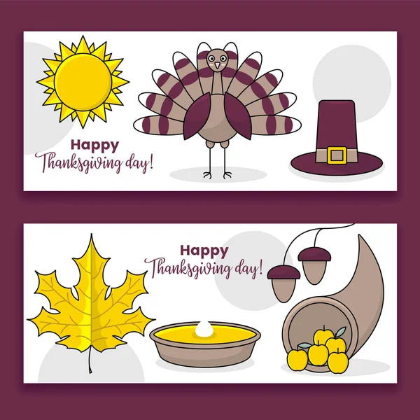 Thanksgiving banners met Turkije en pie — Stockvector