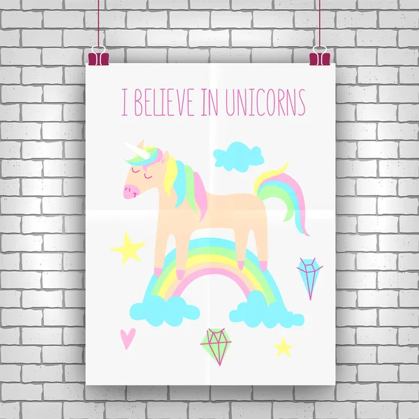 Unicorn dengan poster pelangi - Stok Vektor